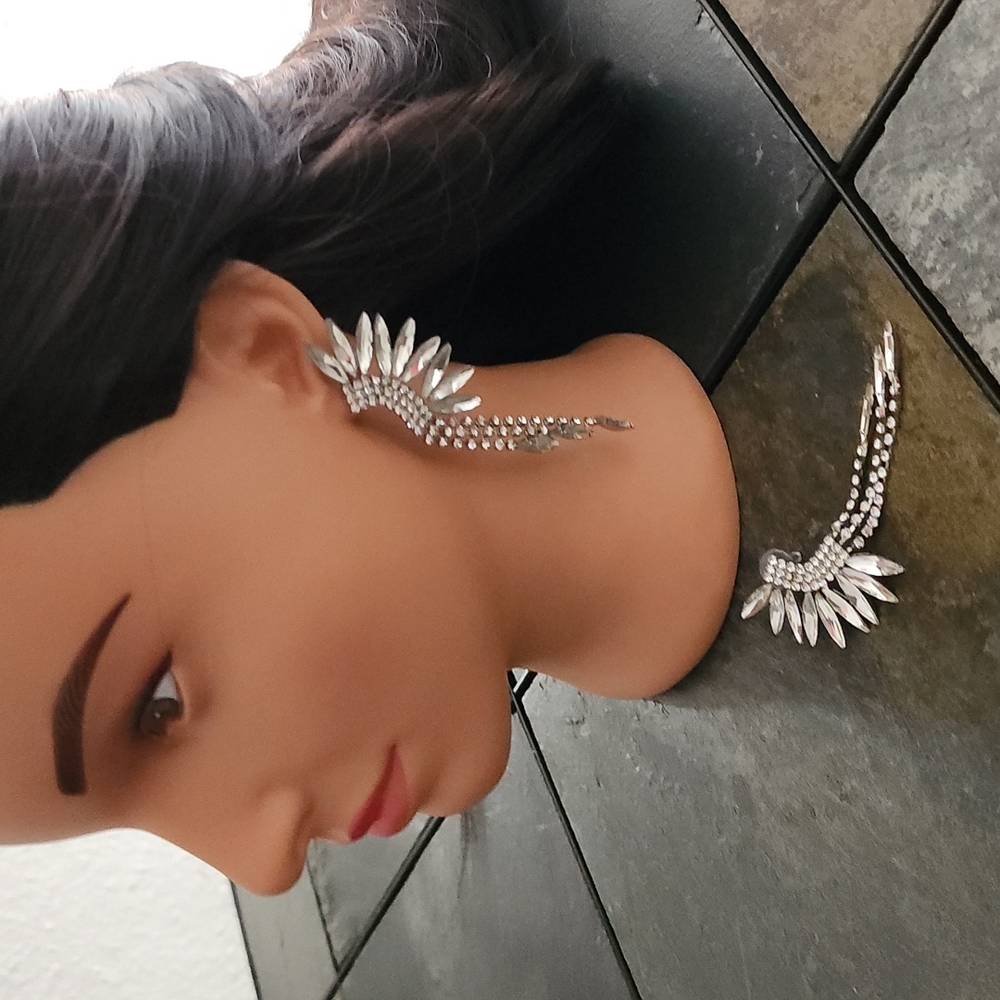 CZ Marquise Waterfall Earrings Silver Statement Bridal Wedding Ear Cuff Climber - Picture 5 of 13